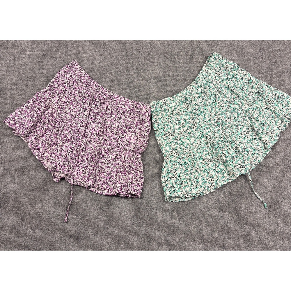 Zara Womens Floral Skort Set 2 Purple Green Tiered Ruffle Mini Skirt Shorts L